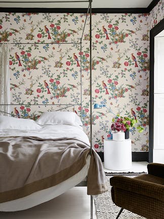 Darwin floral wallpaper bedroom with Lamp Black edging